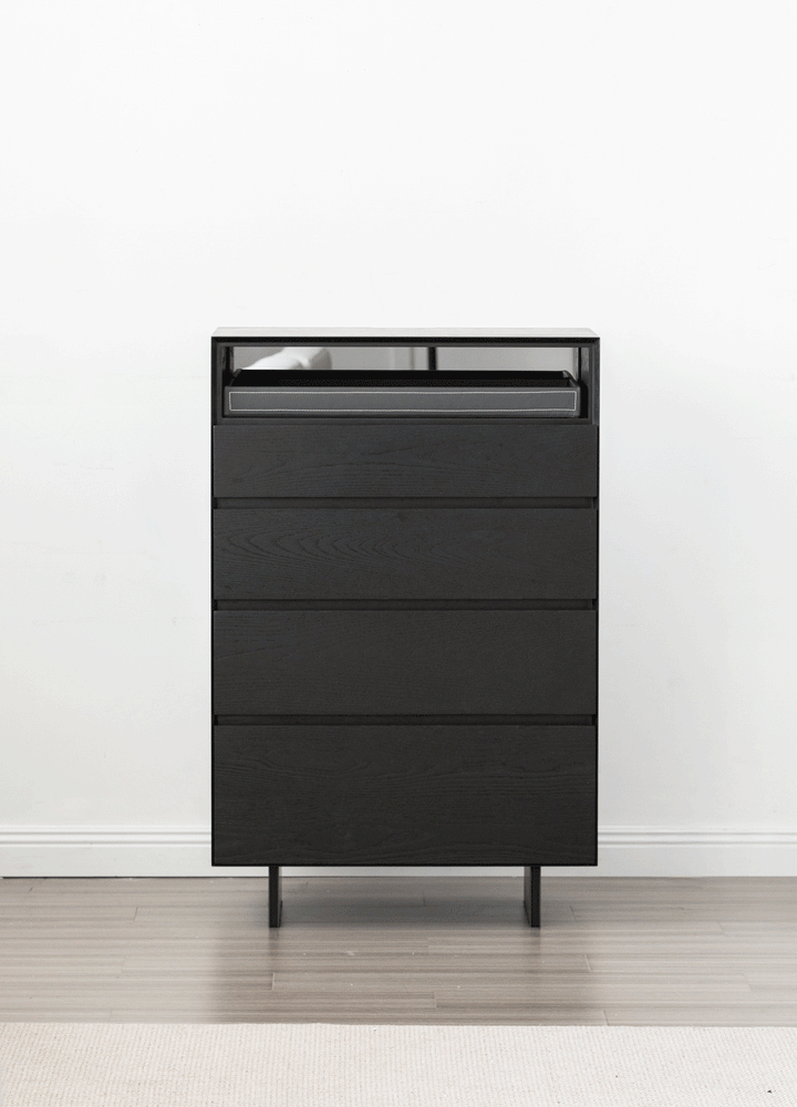 Minimalist ash wood veneer chest of 4  drawers grid color swatches.