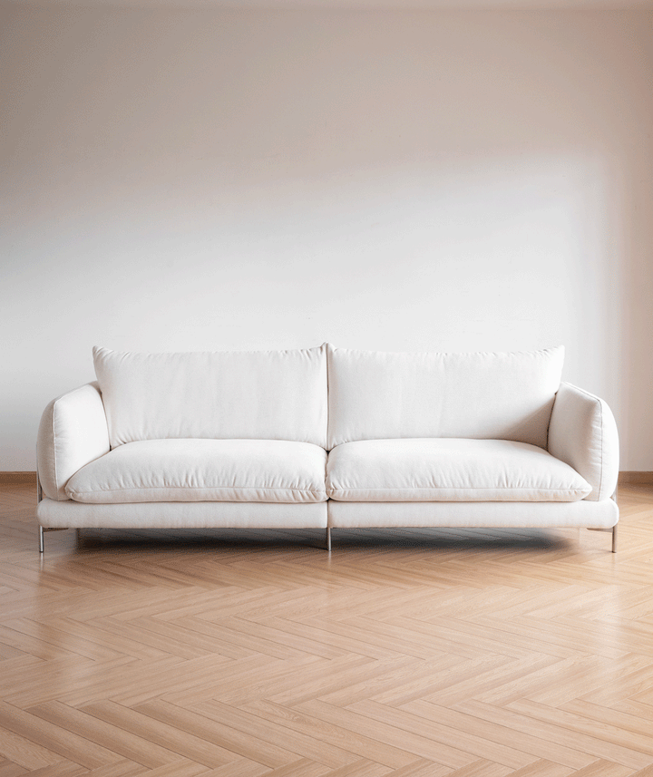 Minimalist cotton fabric 3 seater sofa como color swatches.