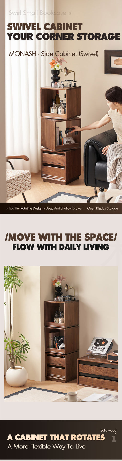 Japandi Walnut Wood Swivel Side Cabinet MONASH Good to Know Preview-1