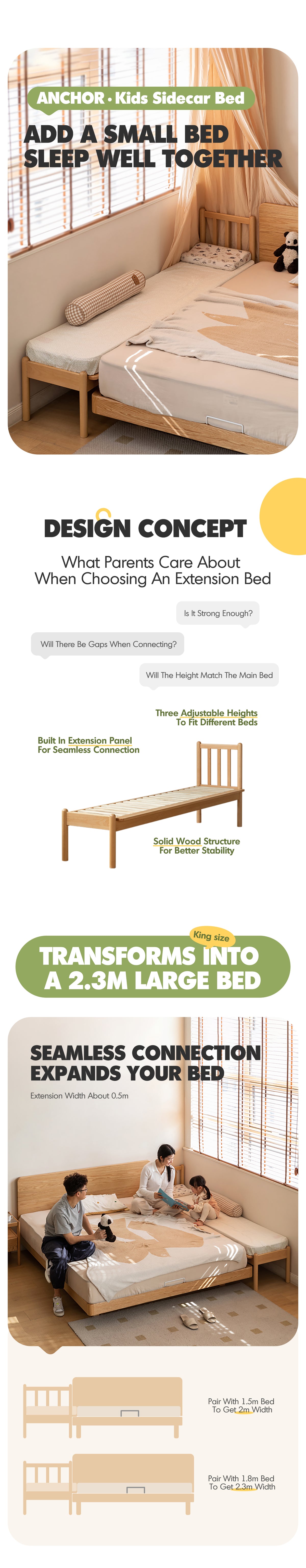 Scandinavian Beech Wood Height Adjustable Kids Sidecar Bed With Mattress ANCHOR Good to Know - 1