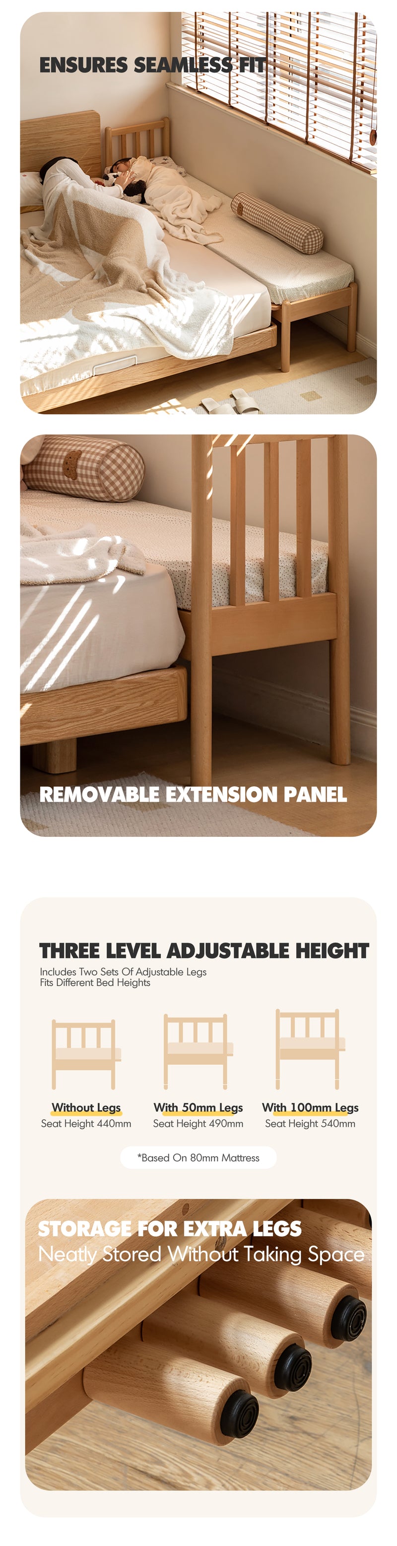 Scandinavian Beech Wood Height Adjustable Kids Sidecar Bed With Mattress ANCHOR Good to Know - 3