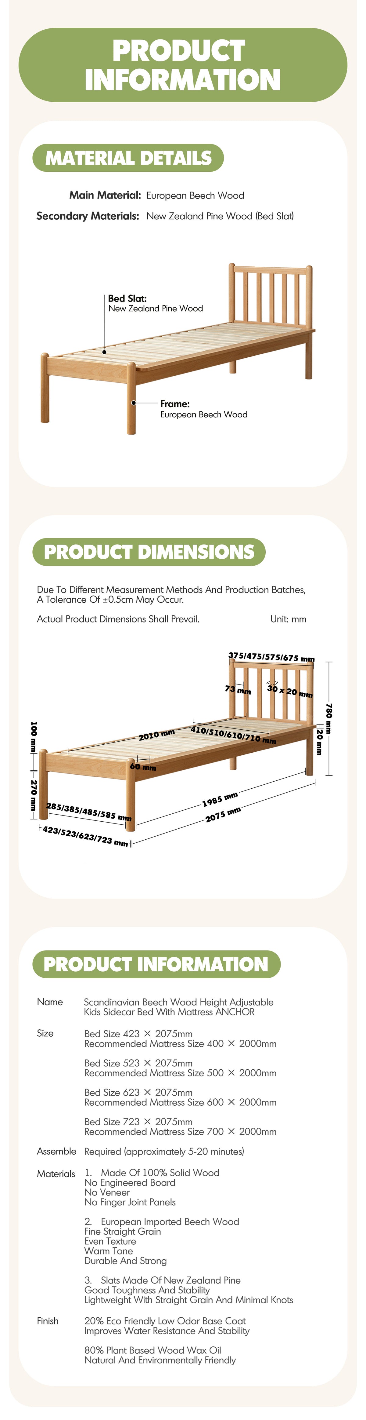 Scandinavian Beech Wood Height Adjustable Kids Sidecar Bed With Mattress ANCHOR Good to Know - 9