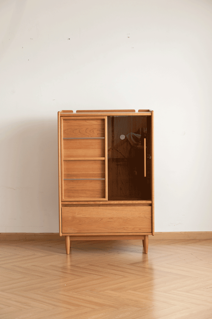 Scandinavian cherry wood side cabinet vista in real life style.