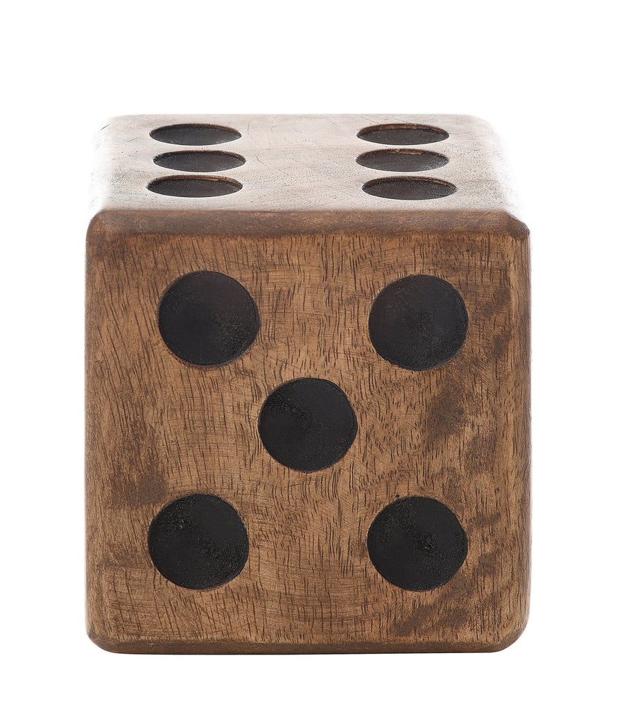 Hand carved mango wood dice decor in white background.