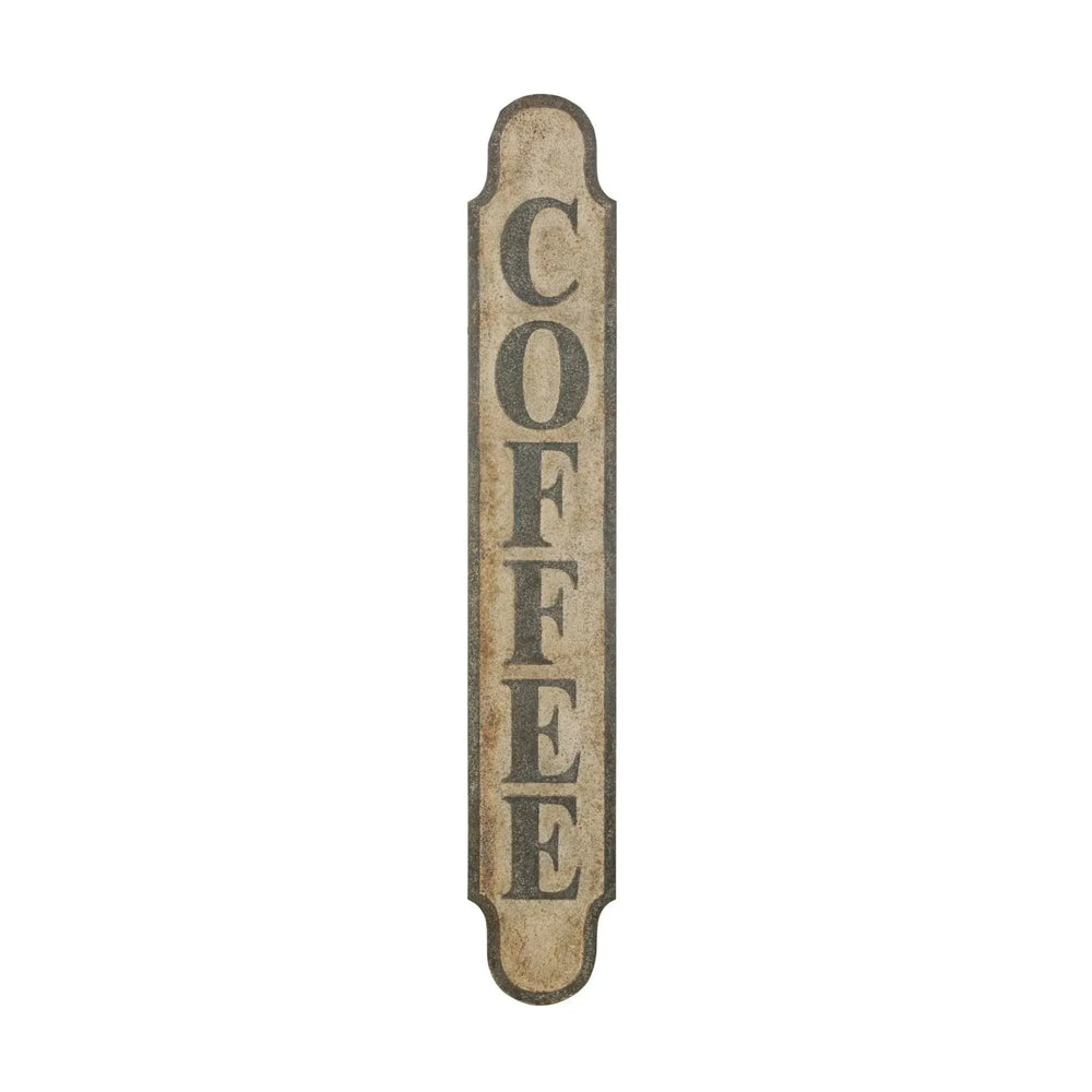 Heavily distressed metal "coffee" wall decor in white background.