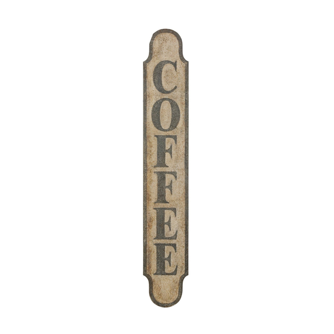 Heavily distressed metal "coffee" wall decor in white background.