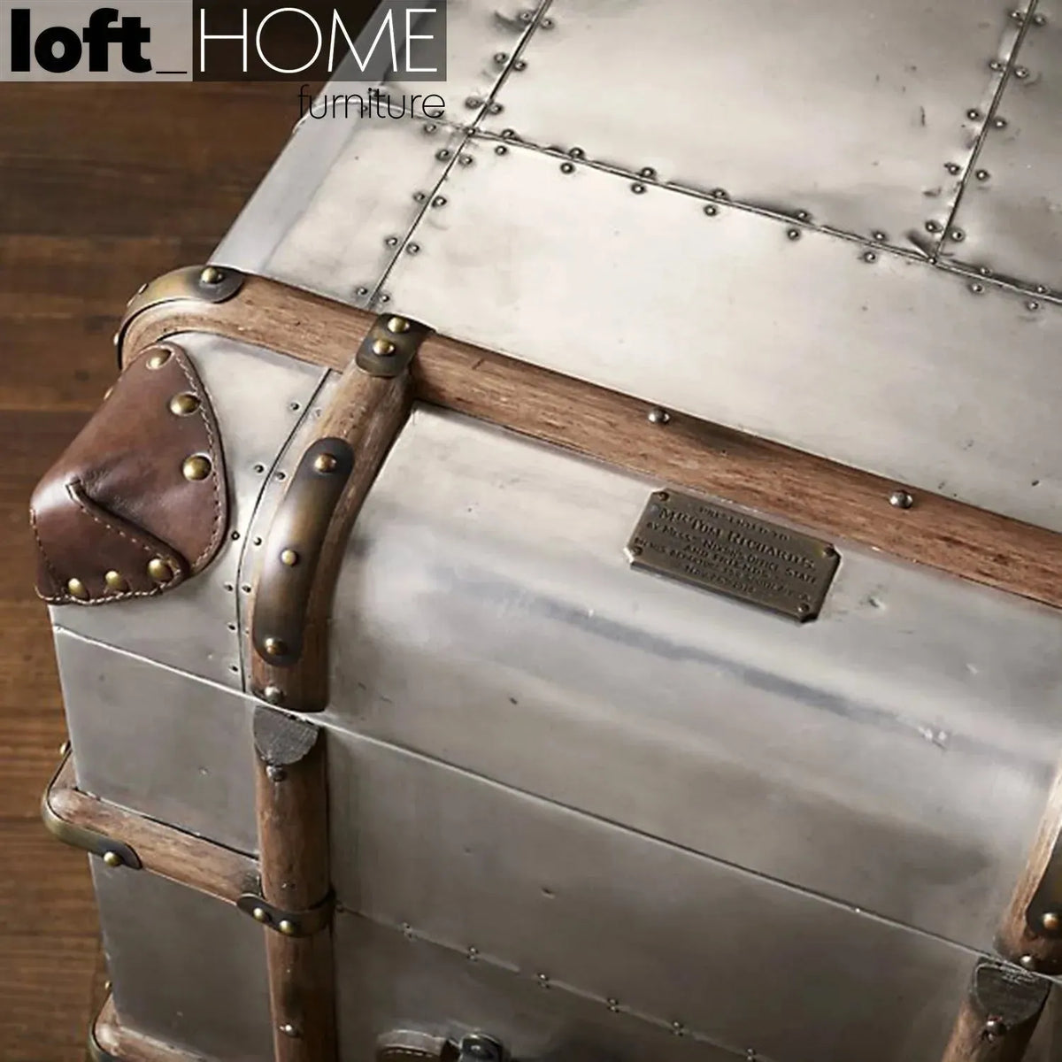 Industrial aluminium coffee table richards trunk in panoramic view.