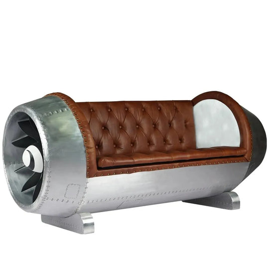 Industrial aluminium genuine leather 2 seater sofa engine in white background.