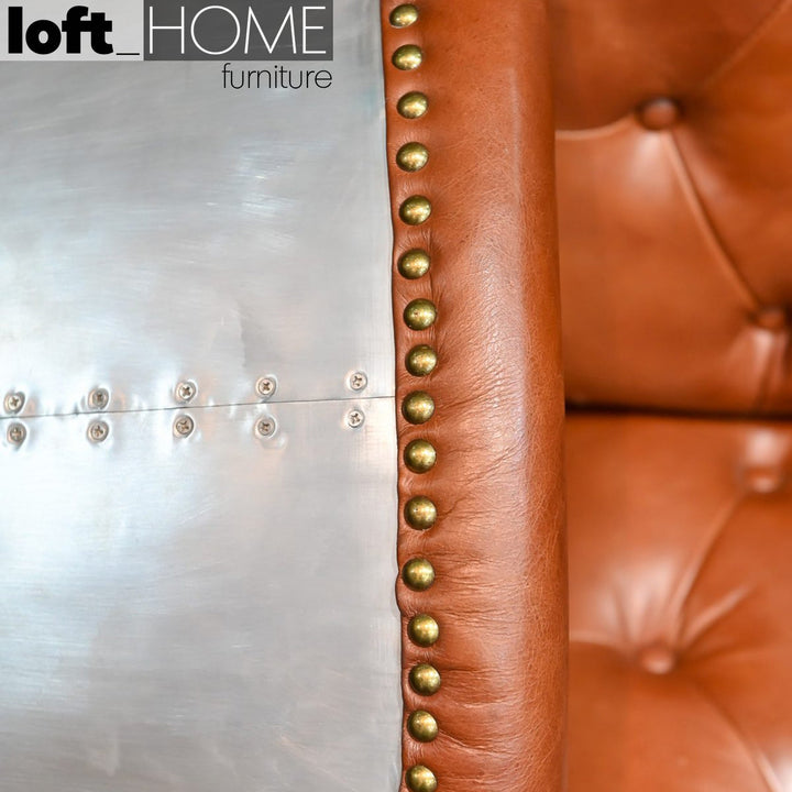 Industrial aluminium genuine leather 2 seater sofa engine in details.