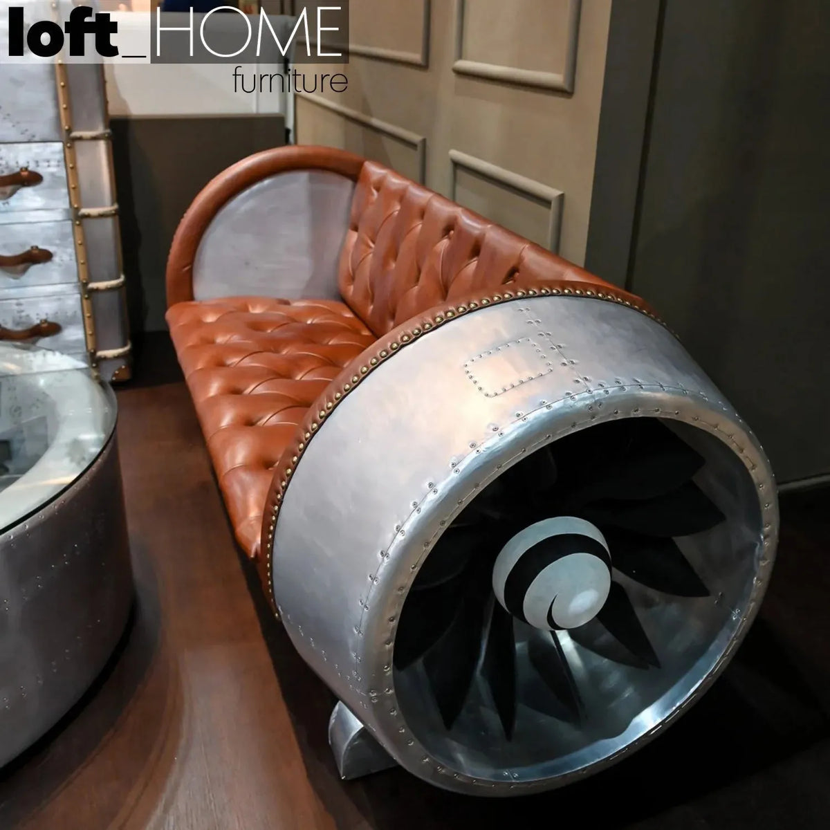 Industrial aluminium genuine leather 2 seater sofa engine primary product view.
