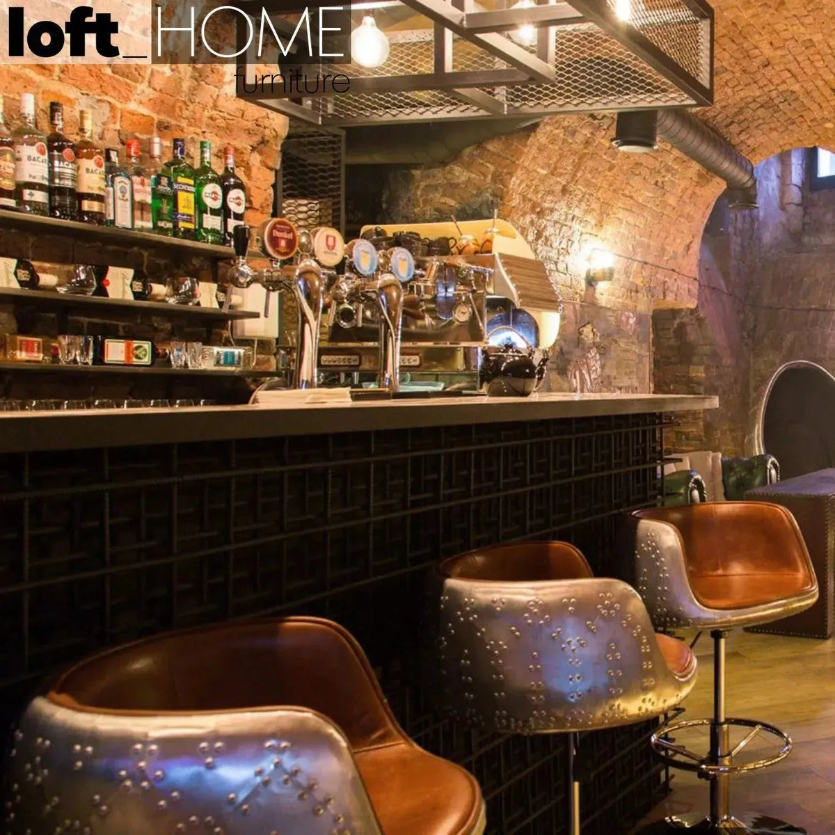Industrial aluminium genuine leather bar chair aircraft in close up details.