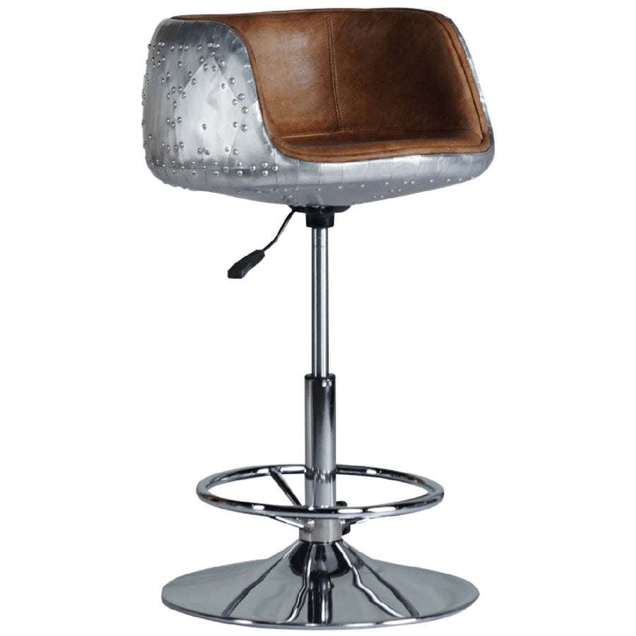 Industrial aluminium genuine leather bar chair aircraft in white background.