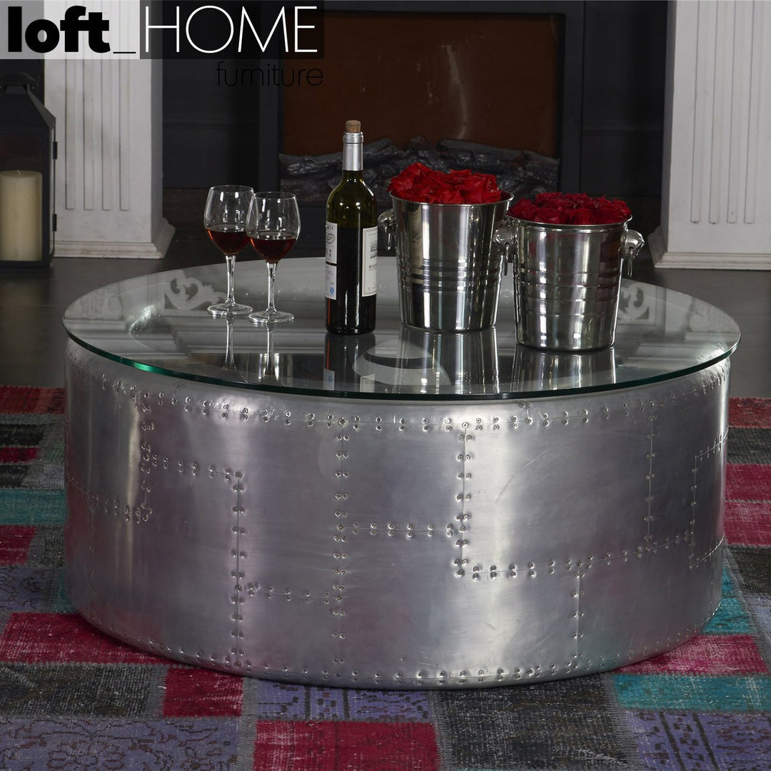 Industrial Aluminium Tempered Glass Coffee Table ENGINE