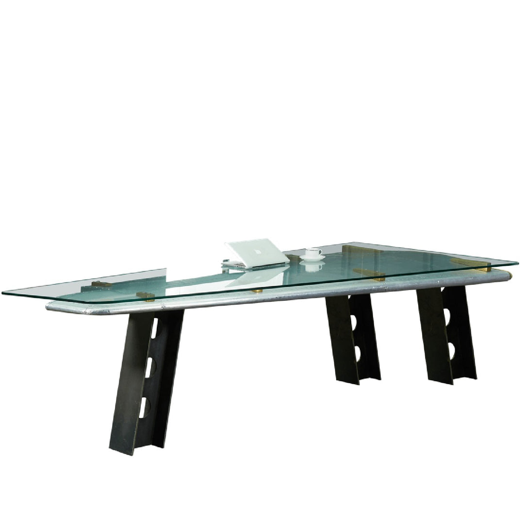 Industrial aluminium tempered glass study table skyway in white background.