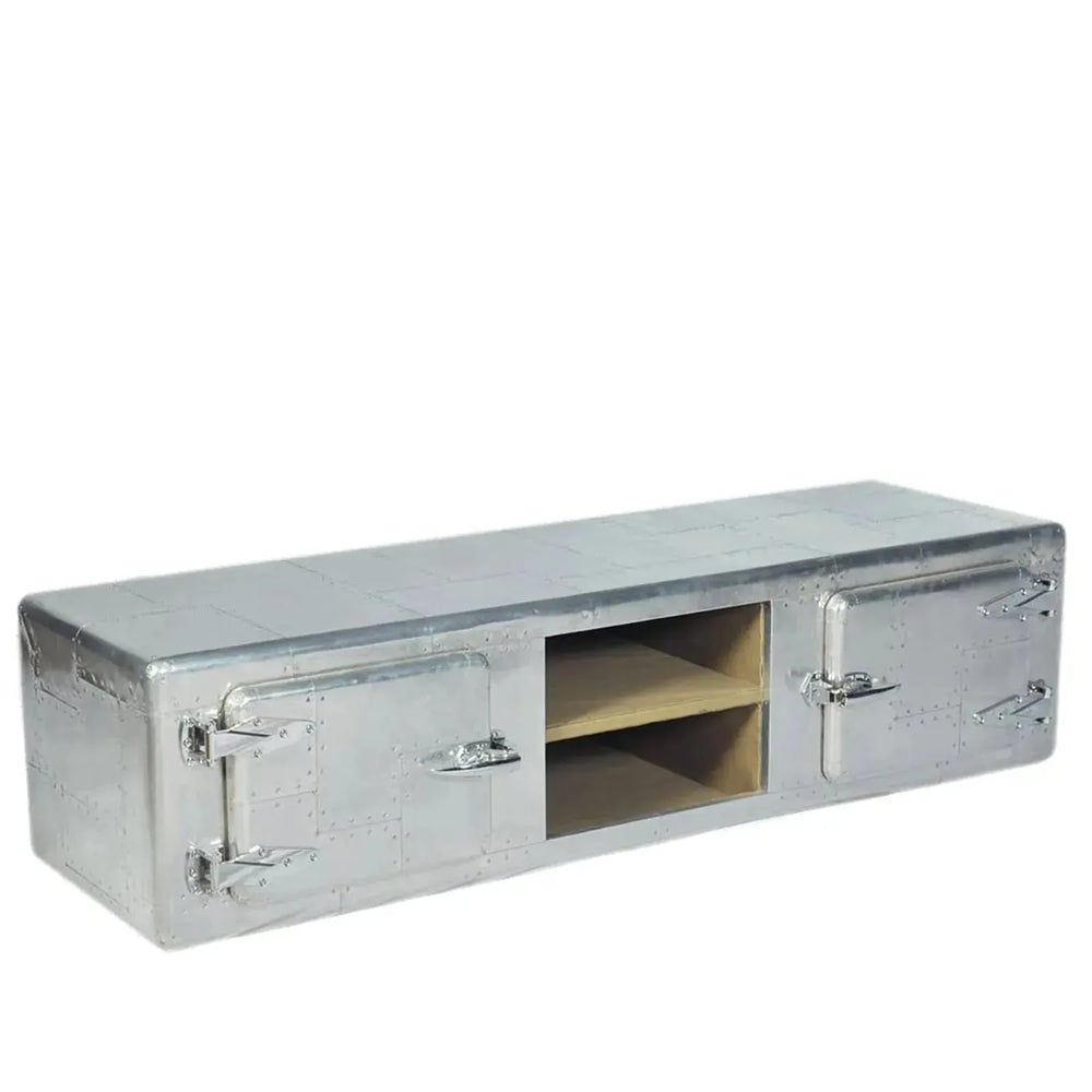 Industrial aluminium tv console jetdoor in white background.