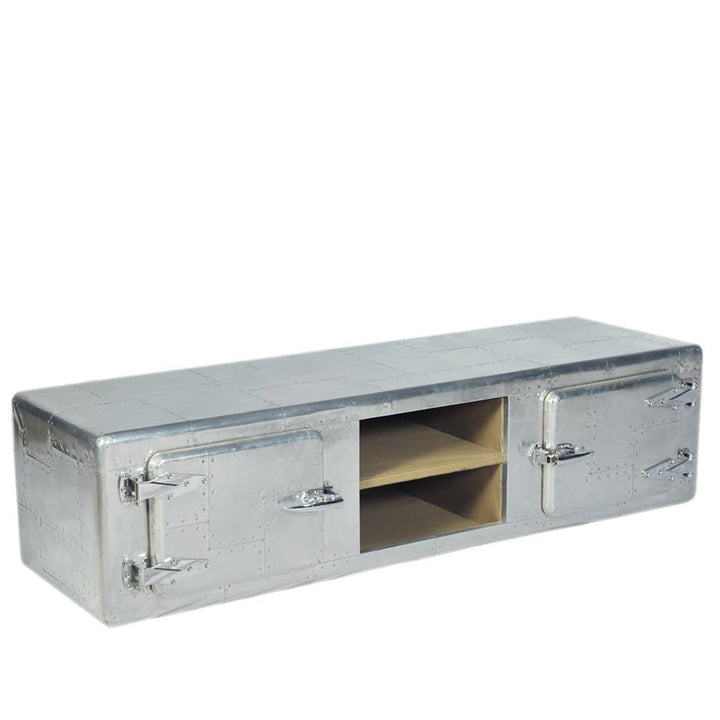 Industrial aluminium tv console jetdoor in white background.