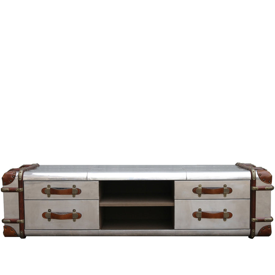 Industrial aluminium tv console richards trunk in white background.