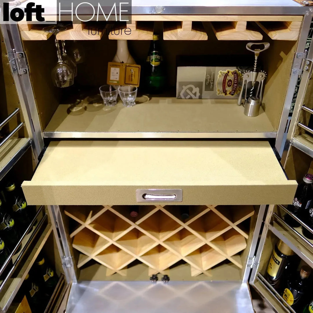 Industrial aluminium wine cabinet aircraft in close up details.