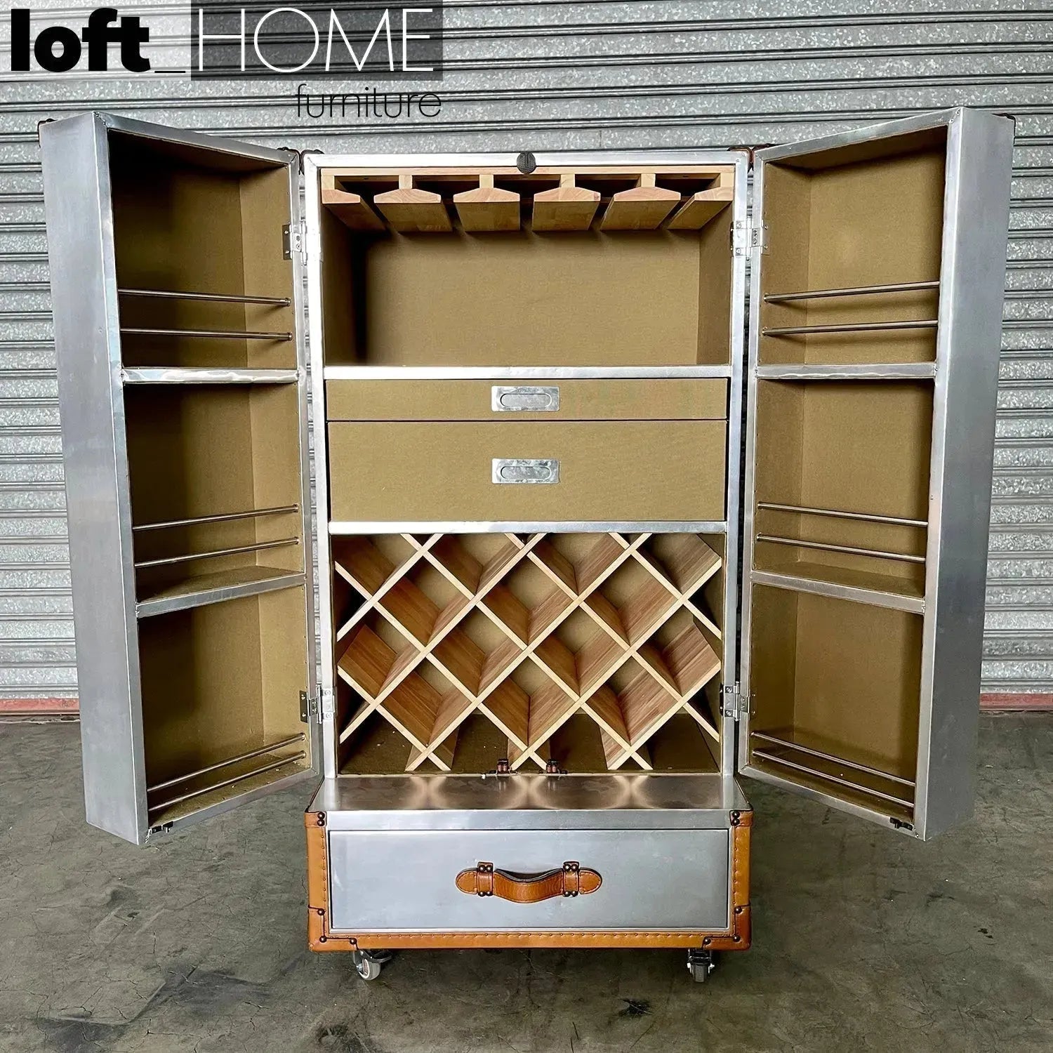 Industrial aluminium wine cabinet aircraft in still life.