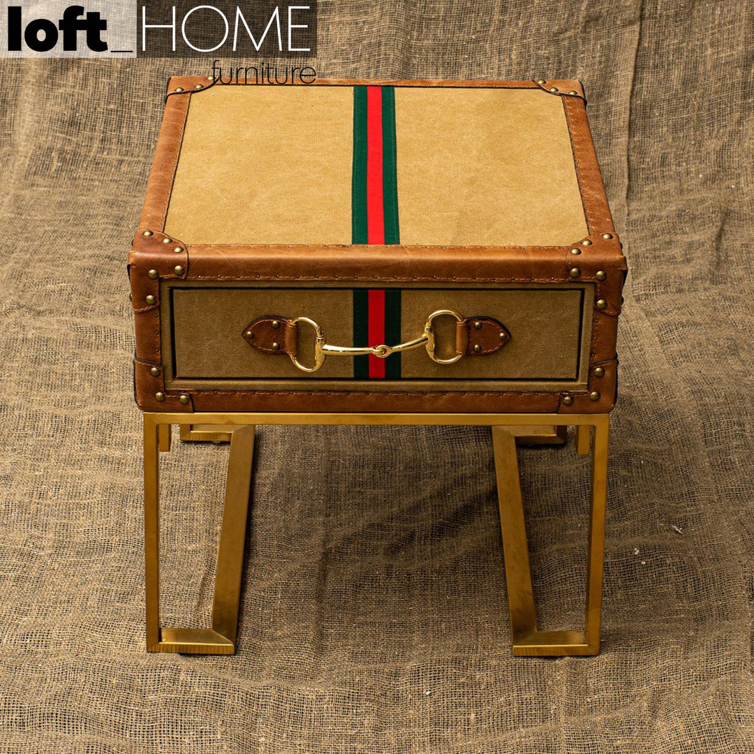 Industrial canvas side table guccio in real life style.