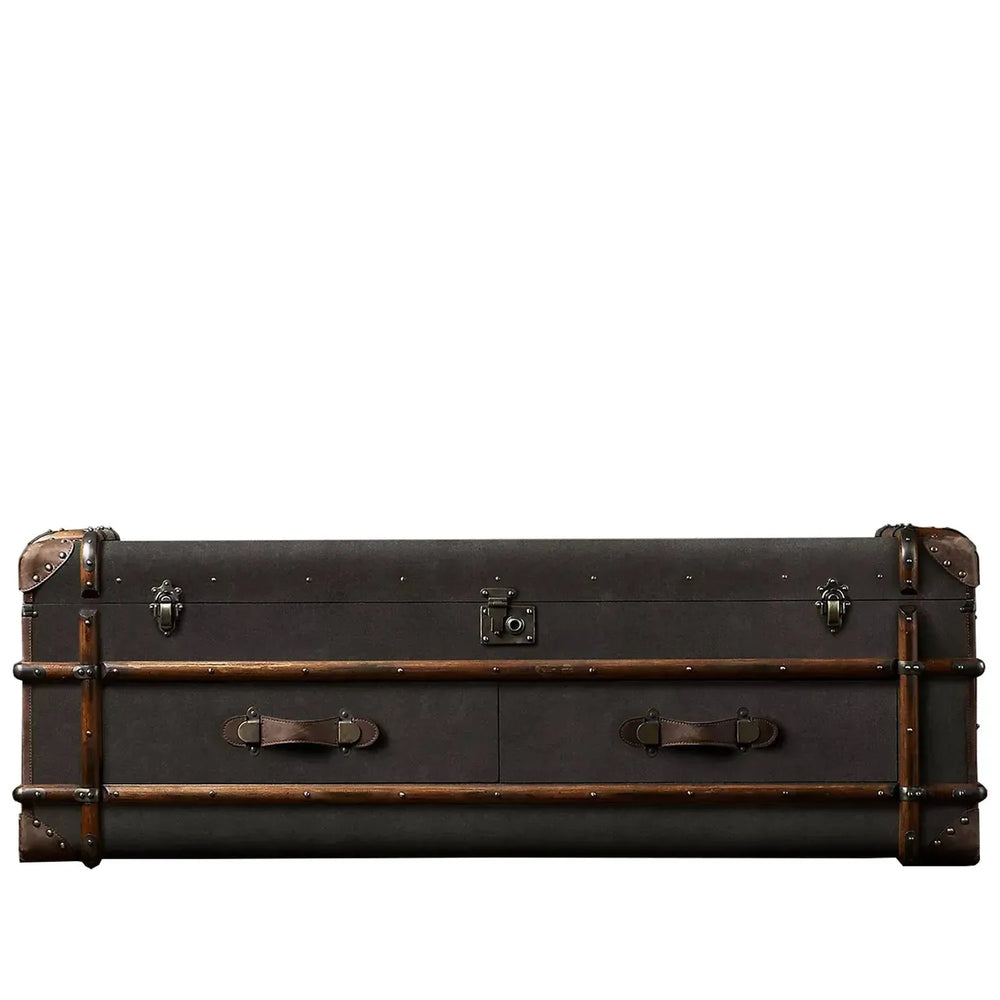 Industrial canvas tv console richards trunk in white background.