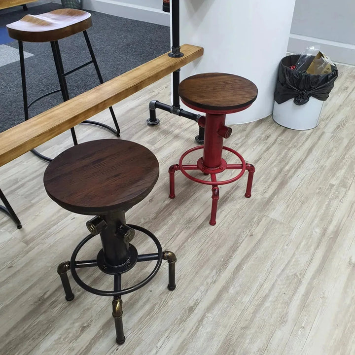 Industrial elm wood bar stool hydrant material variants.