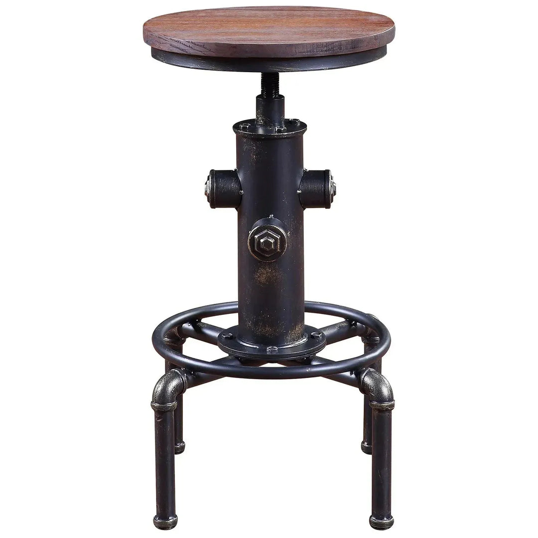 Industrial elm wood bar stool hydrant in details.