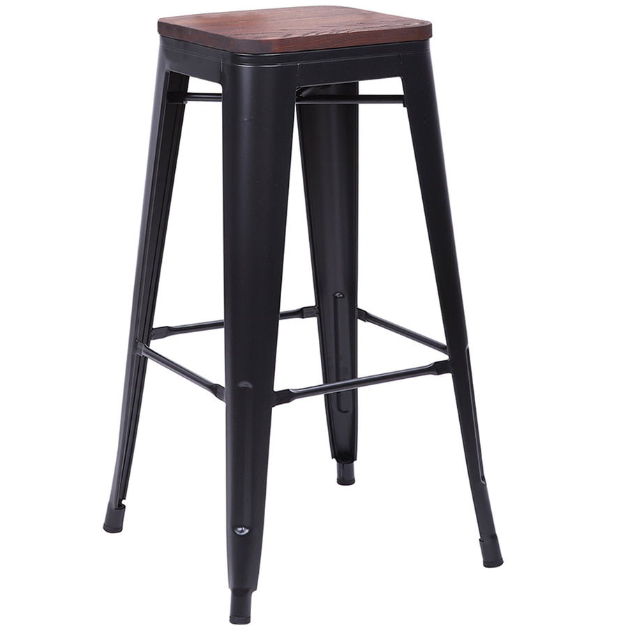 Industrial elm wood bar stool sanctum x in white background.