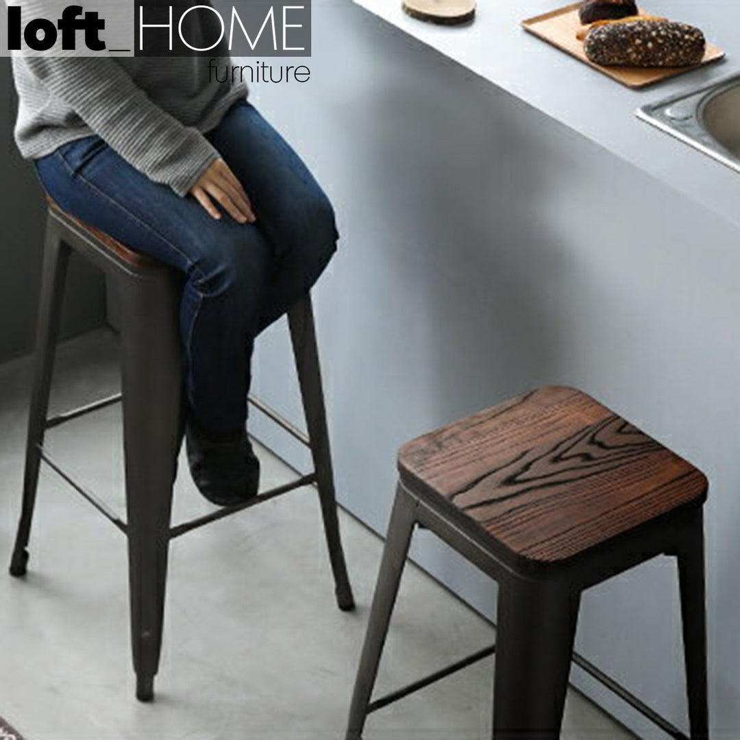 Industrial elm wood bar stool sanctum x in real life style.