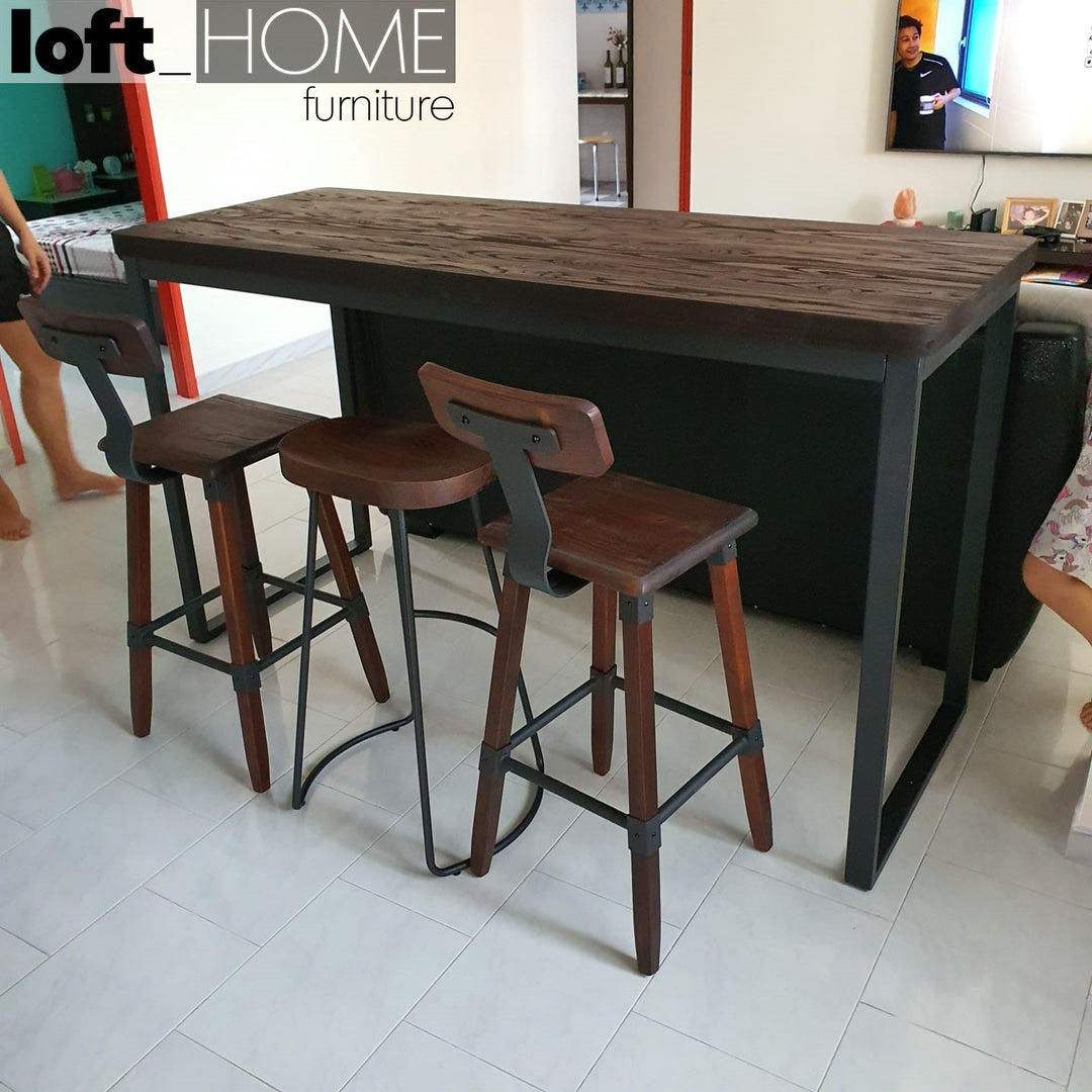 Industrial elm wood bar table hardy in details.
