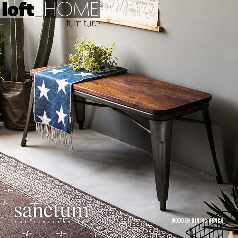 Industrial elm wood dining bench sanctum x primary product view.