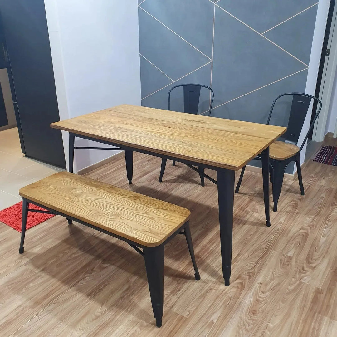 Industrial elm wood dining set 4 pieces sanctum x in panoramic view.