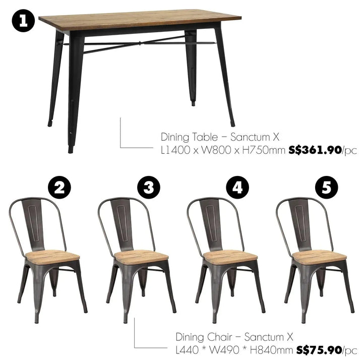 Industrial elm wood dining set 5 pieces sanctum x in white background.