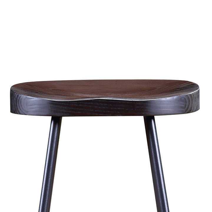 Industrial elm wood dining stool sanctum country in panoramic view.
