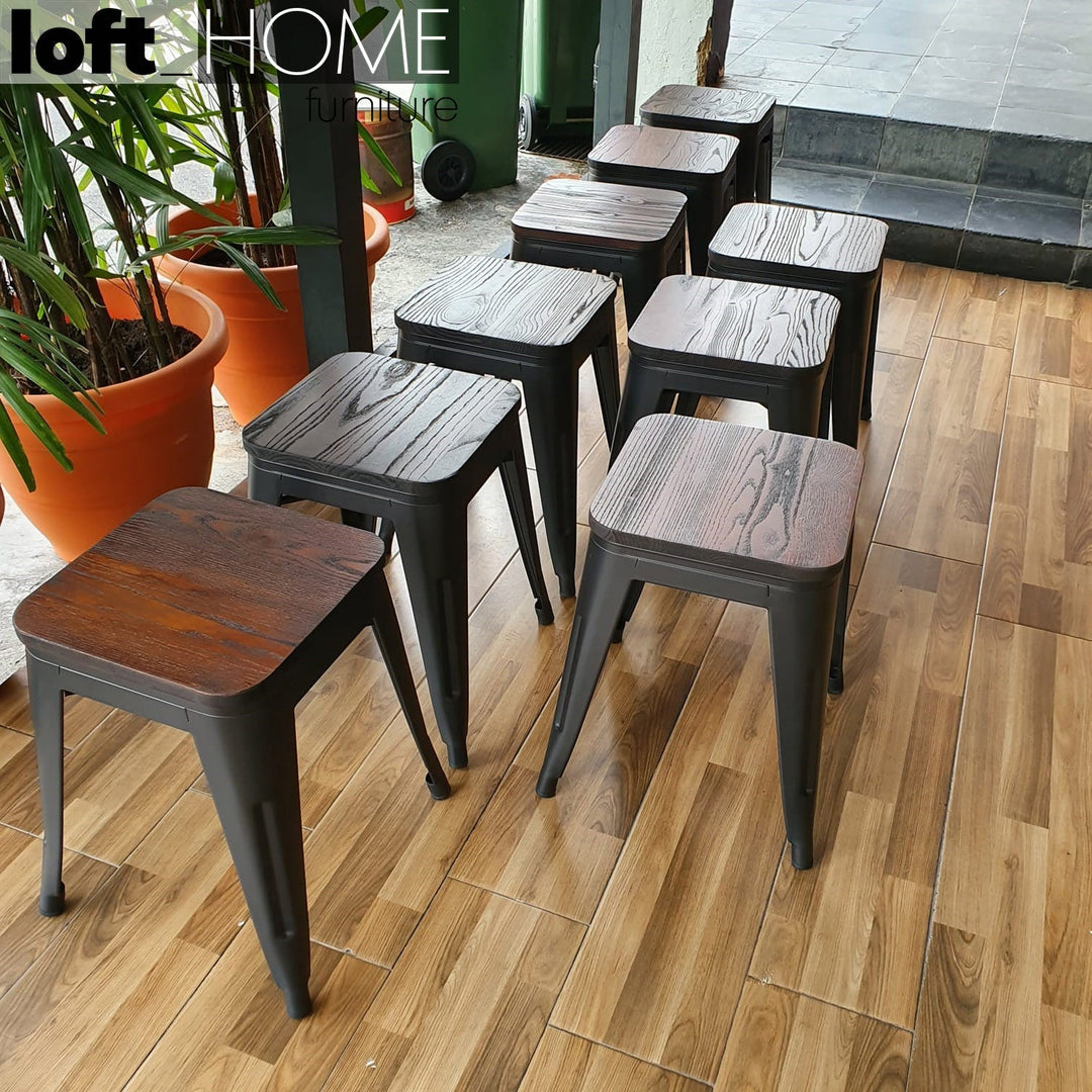 Industrial elm wood dining stool sanctum x layered structure.