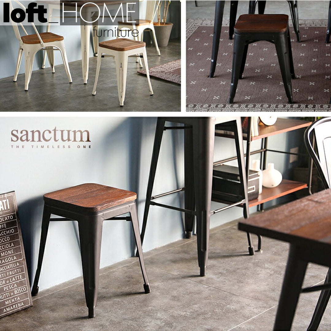 Industrial elm wood dining stool sanctum x in details.