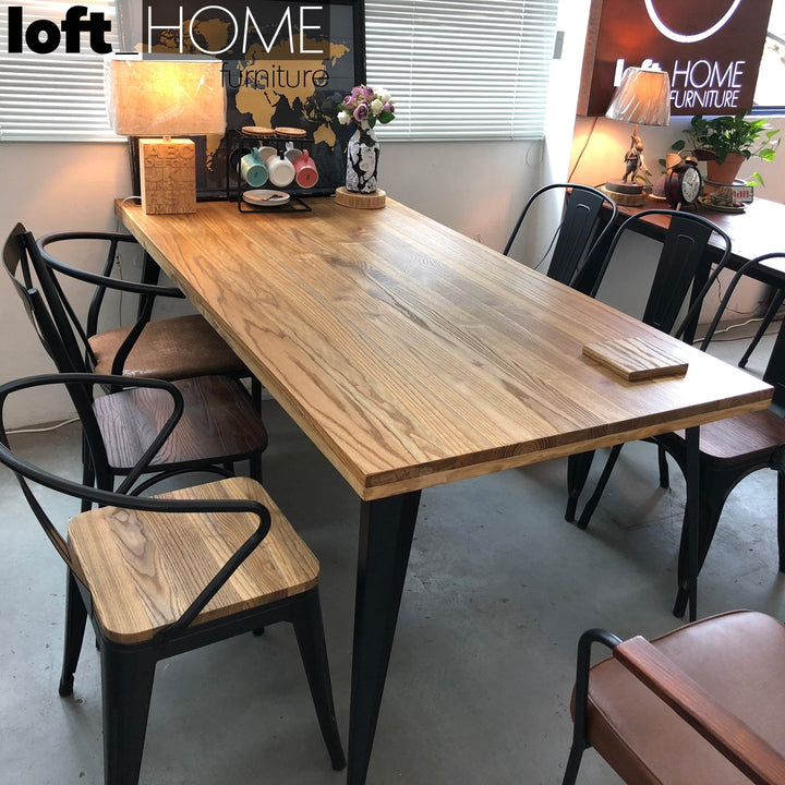 Industrial elm wood dining table sanctum classic layered structure.