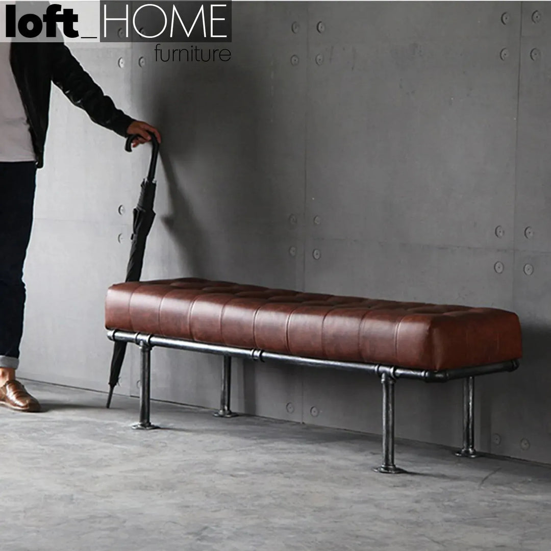 Industrial leather dining bench pipe in details.