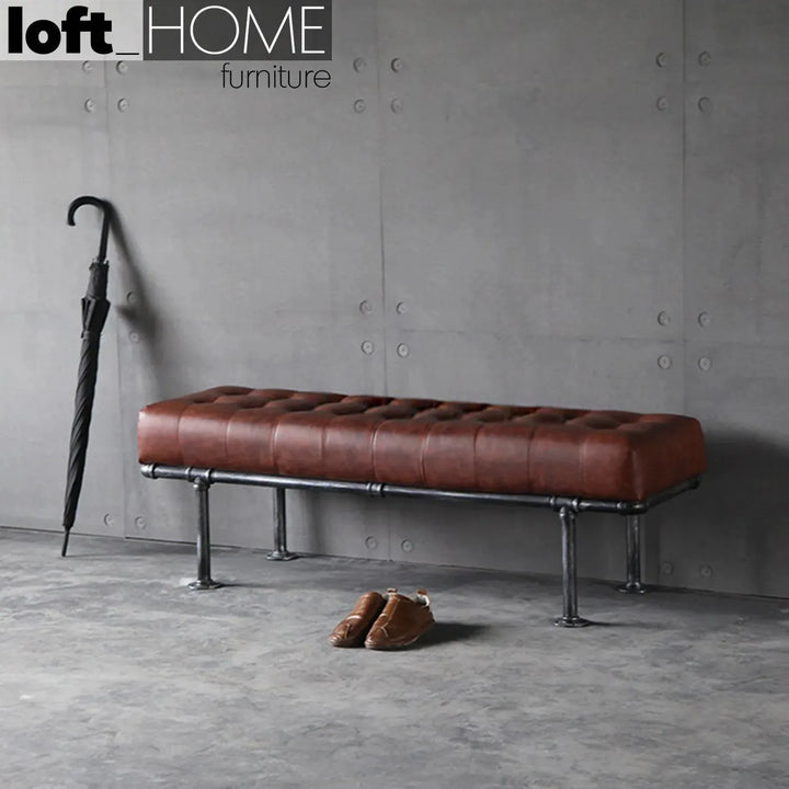 Industrial leather dining bench pipe in panoramic view.