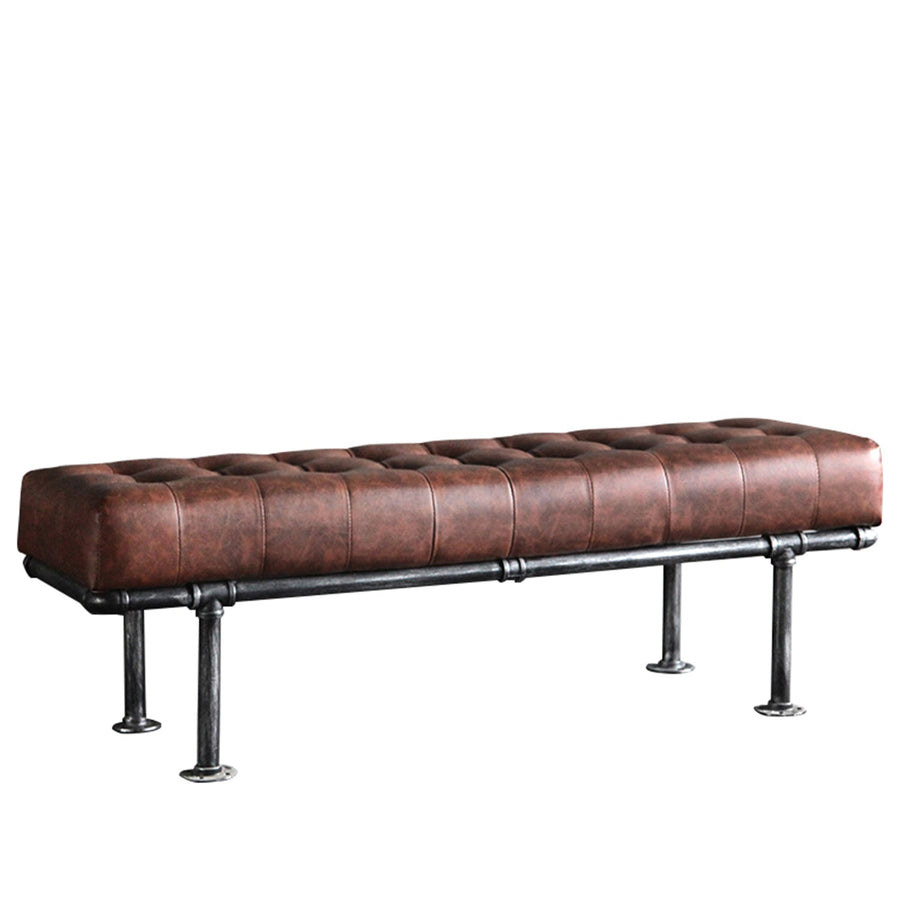 Industrial leather dining bench pipe in white background.