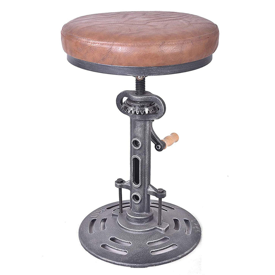 Industrial leather height adjustable stool gear in white background.