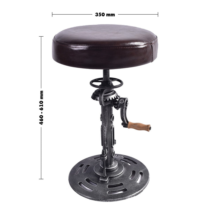 Industrial leather height adjustable stool gear size charts.