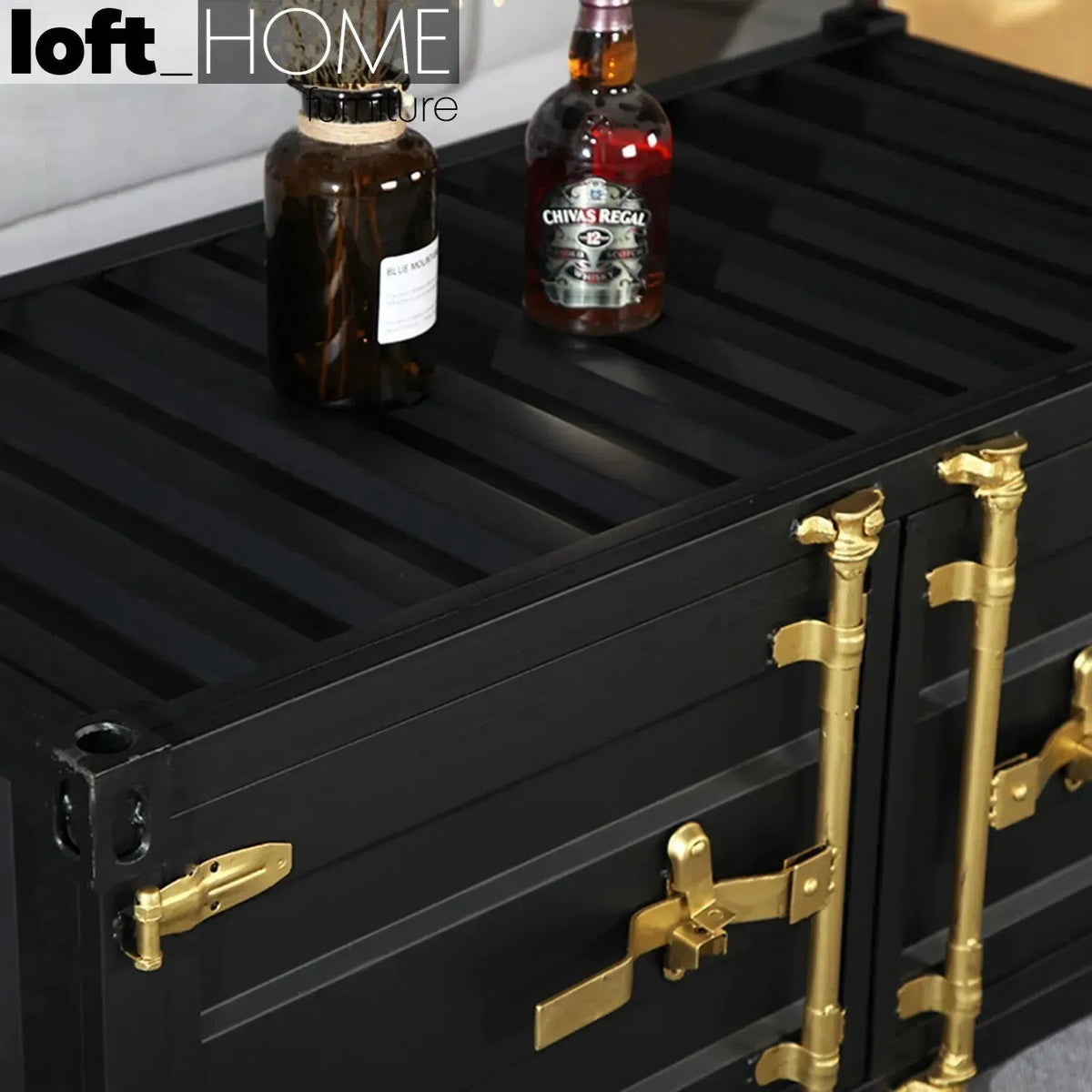 Industrial metal coffee table container in details.