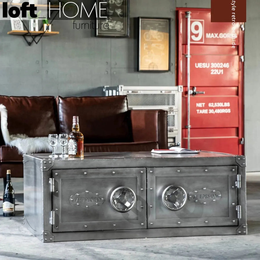 Industrial metal coffee table hatch wheel primary product view.