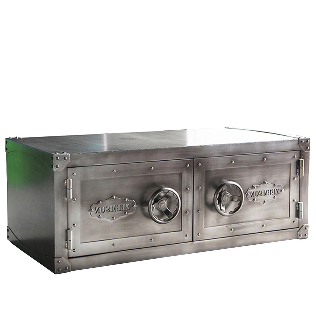 Industrial metal coffee table hatch wheel in white background.