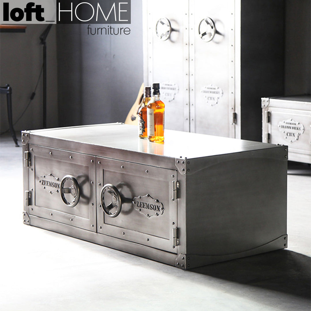 Industrial metal coffee table hatch wheel conceptual design.