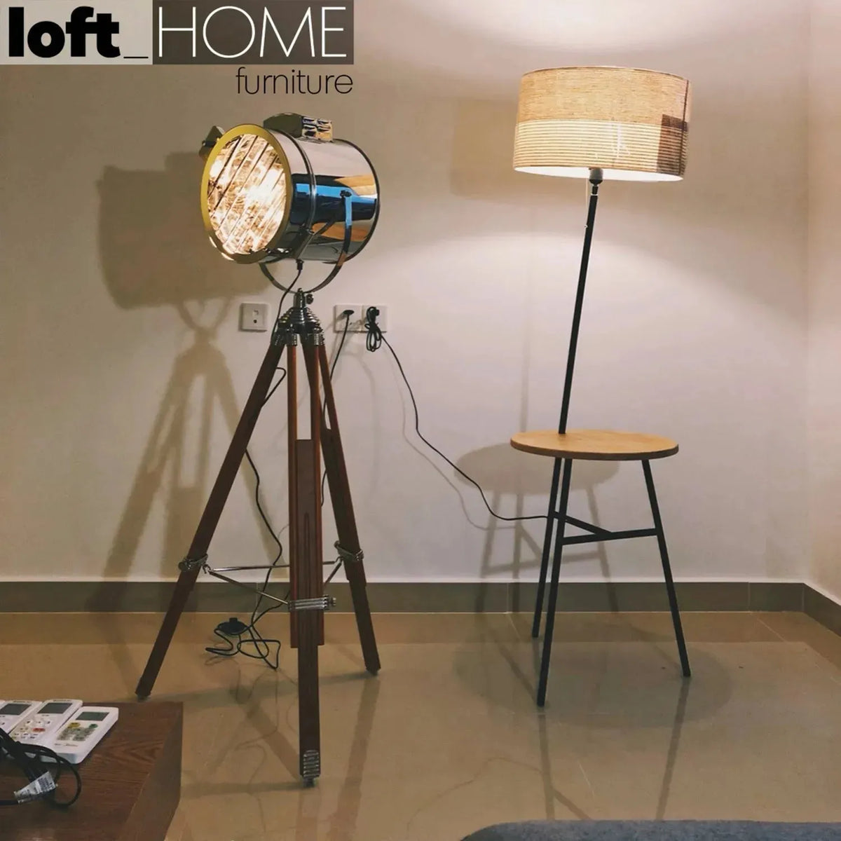Industrial metal floor lamp tripod material variants.