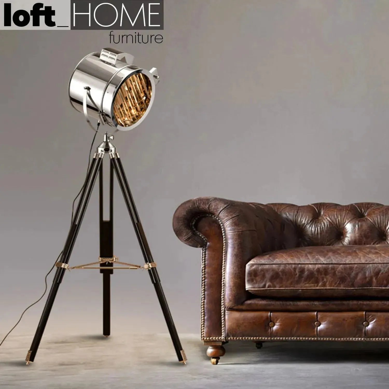 Industrial metal floor lamp tripod in details.