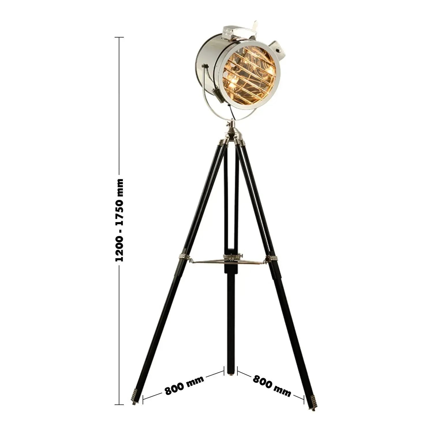 Industrial metal floor lamp tripod size charts.
