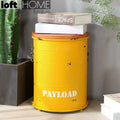 Industrial metal side table container round in real life style.